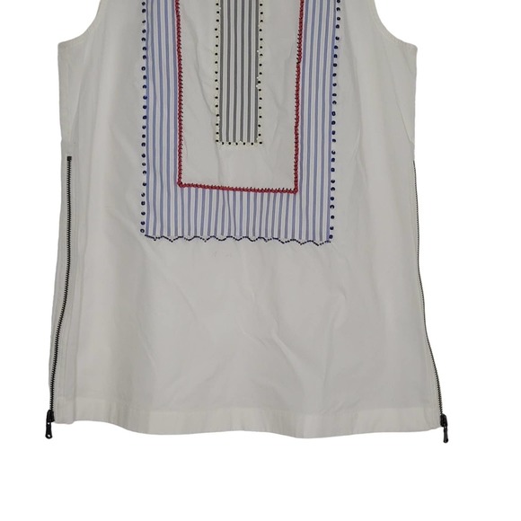J Crew Sleeveless‎ Beaded Tunic Top 0 White Blue Stripe Side Zip Round Neck Boho - Picture 5 of 13